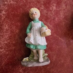 Vintage Porcelain Girl With Picnic Basket 6in Tall X 2.6 In Wide